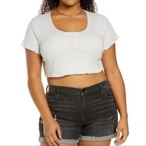 BP Womens Plus Size 3X Short Sleeve Pointelle Rib Crop Henley Top